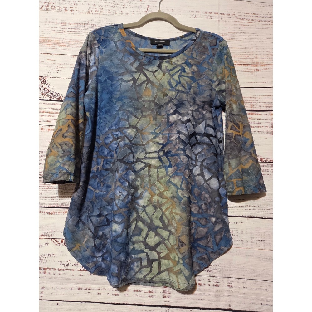 Karen Kane Blue Green Burnout Stained Glass Tunic Top 3/4 Sleeve Medium